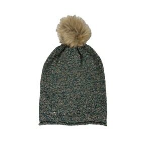 Madewell Lamb Wool Faux Fur Pom Pom Midnight Green Knit Beanie Women One Size‎